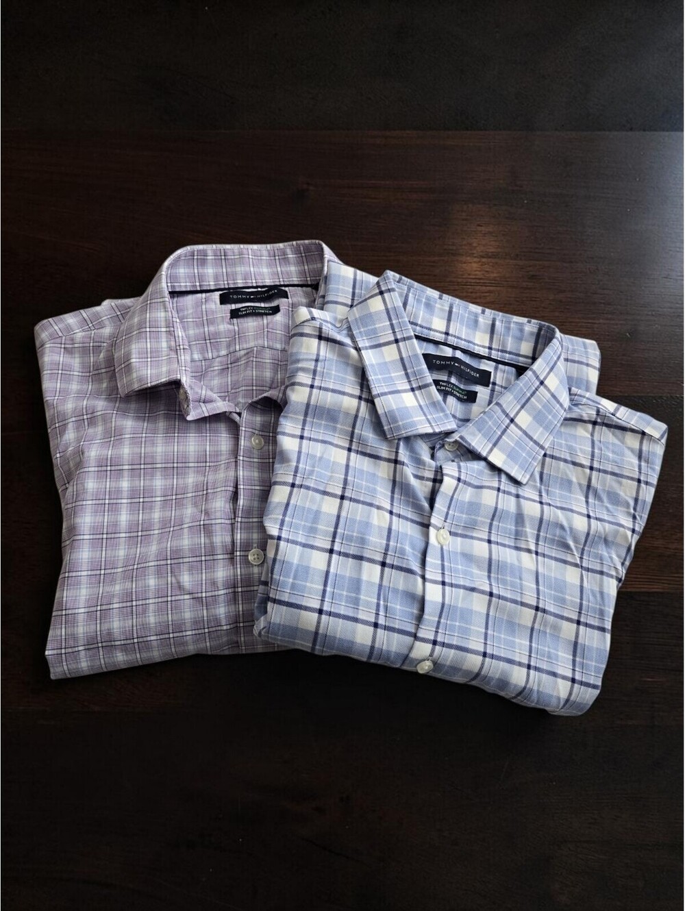 Bundle, two Tommy Hilfiger Men's Slim Fit Stretch Dress Shirt XL Blue Plaid